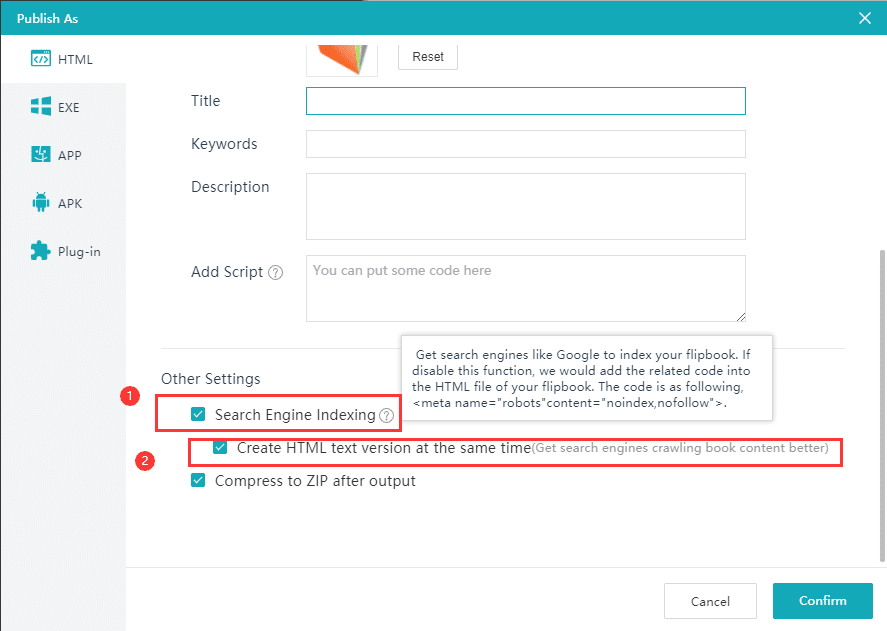 Search engine indexing option for a digital publication