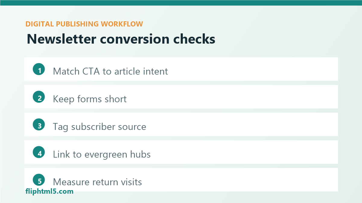 Checklist for building newsletter conversion loops in digital publishing