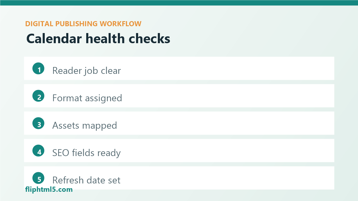 Editorial calendar health checklist for digital publishing teams