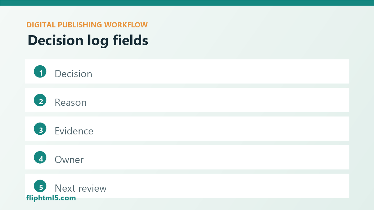 Decision log field checklist for digital publishers